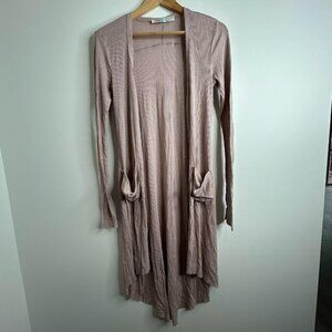 Free People FP Beach Long Cardigan Womens Medium‎ Mauve Open Front Duster Ribbed